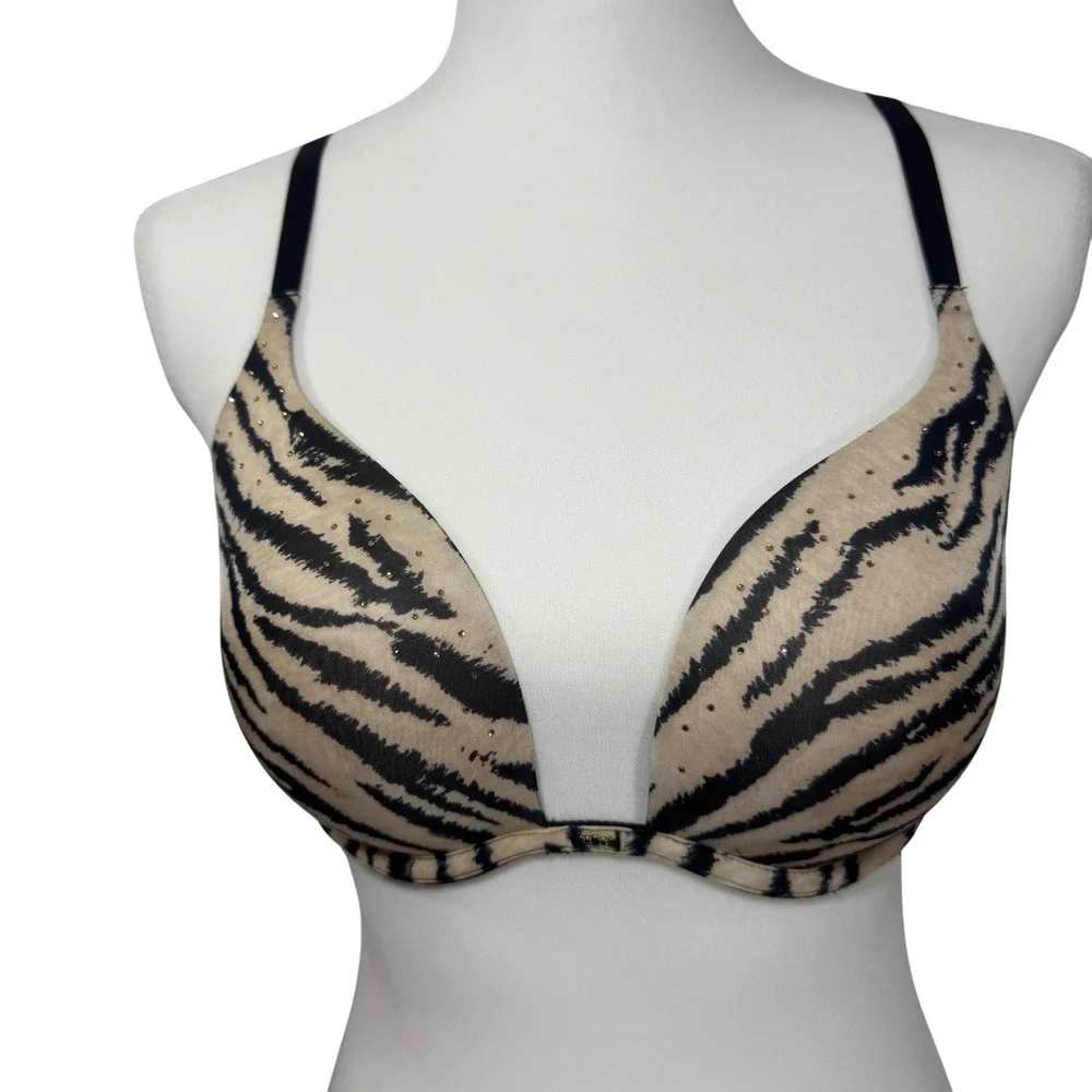 Victoria's Secret Push Up Bra 34D Beige Black Zebra Print Rhinestone‎ Detail
